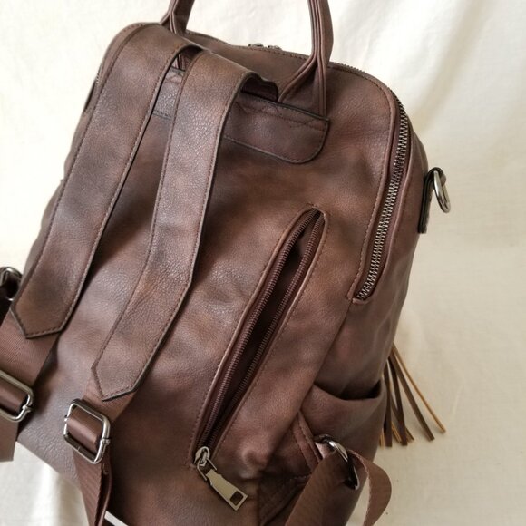 NWOT! Brown Faux Leather Backpack Tote Shoulder Bag with Tassel & Detach. Strap main image 8